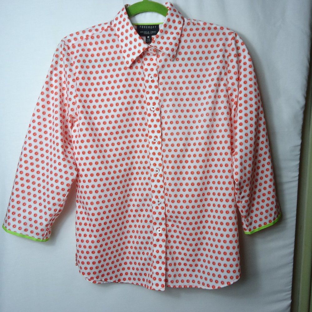 Foxcroft Orange & White Print Button Front Blouse